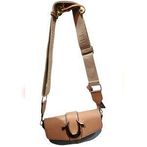 NWT True Religion Tan and Denim Shoulder Bag with Gold Accent